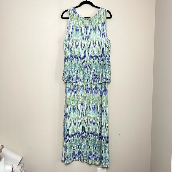 Chico's 8 Ikat Popover Regatta Slit Blue Green Travel Cruise Maxi Dress Sz 3(XL) - Picture 8 of 9